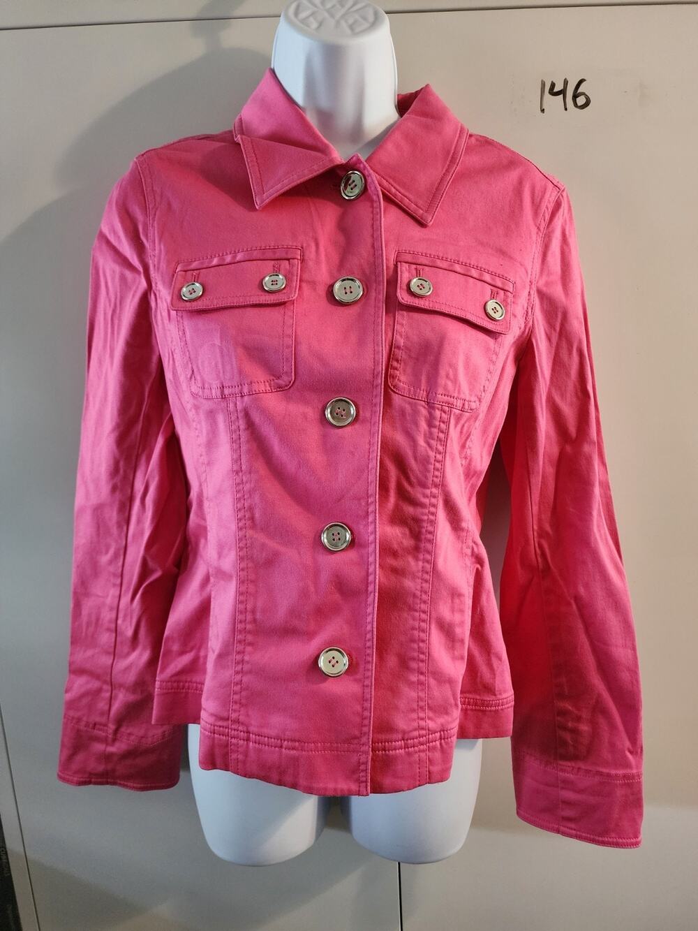 Jones New York Sport Womens Small Pink Stretch Button Front Denim Style Jacket